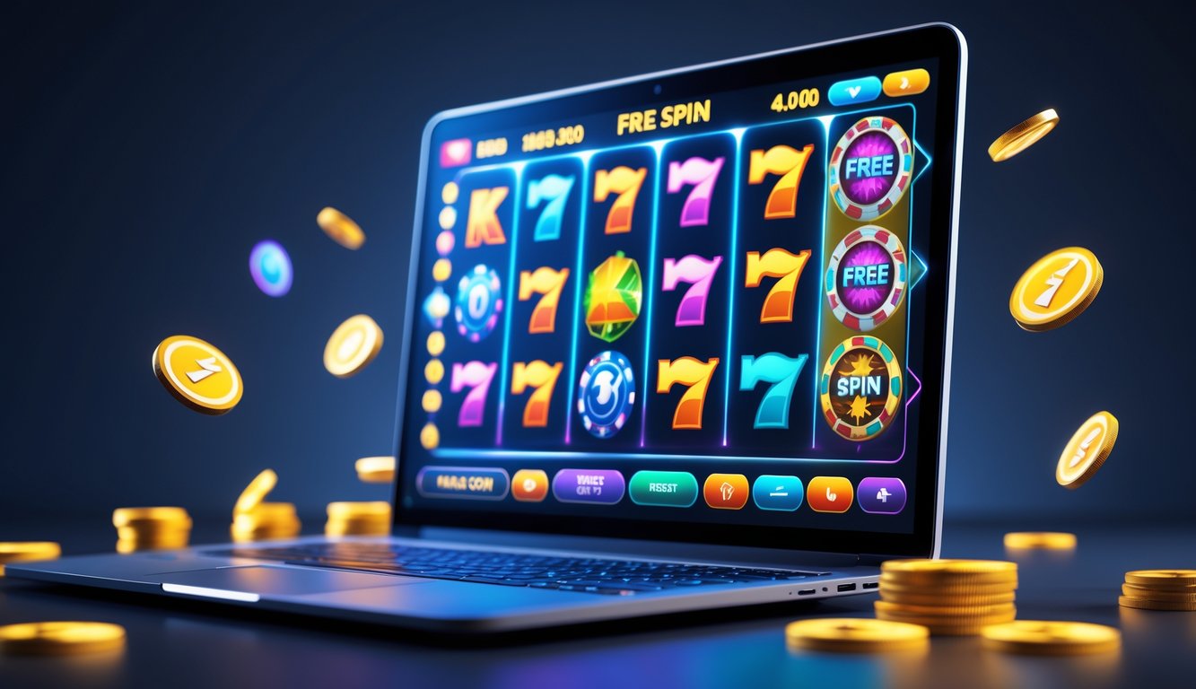 Sebuah layar komputer menampilkan permainan slot online dengan simbol warna-warni dan indikator putaran gratis.