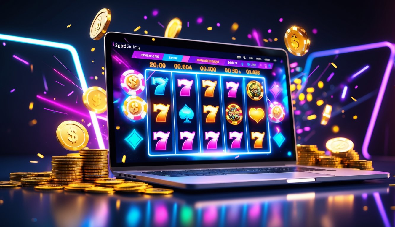 Layar komputer menampilkan permainan slot online dengan simbol warna-warni, koin emas berkilau, dan suasana malam yang penuh semangat.
