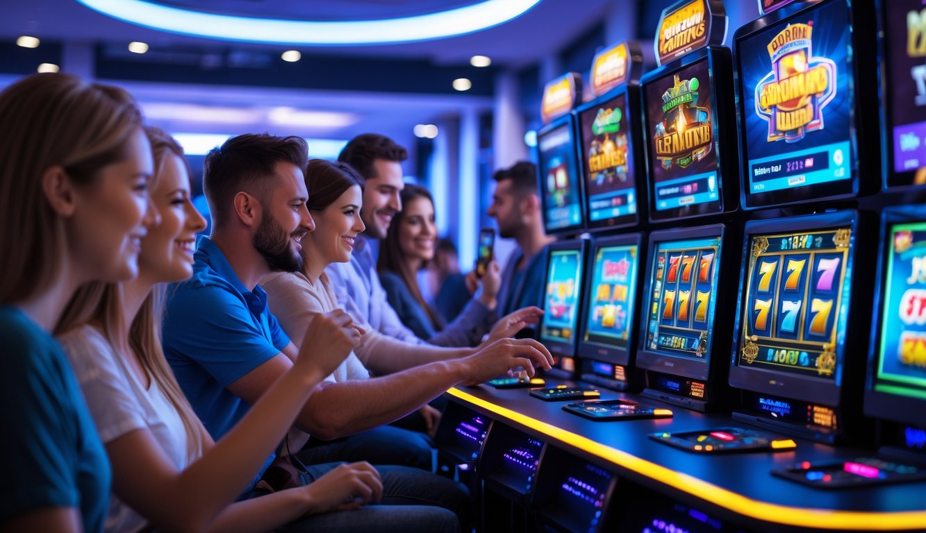 Beberapa orang bermain mesin slot digital di sebuah ruang permainan modern dengan suasana cerah dan penuh semangat.