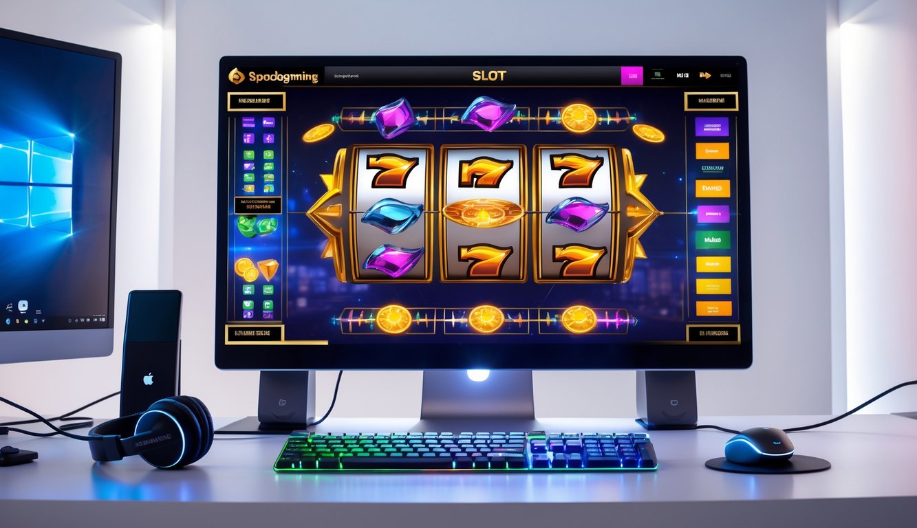 Sebuah meja kerja dengan komputer menampilkan permainan slot berwarna-warni, dikelilingi aksesori gaming, di ruang yang terang dan rapi.