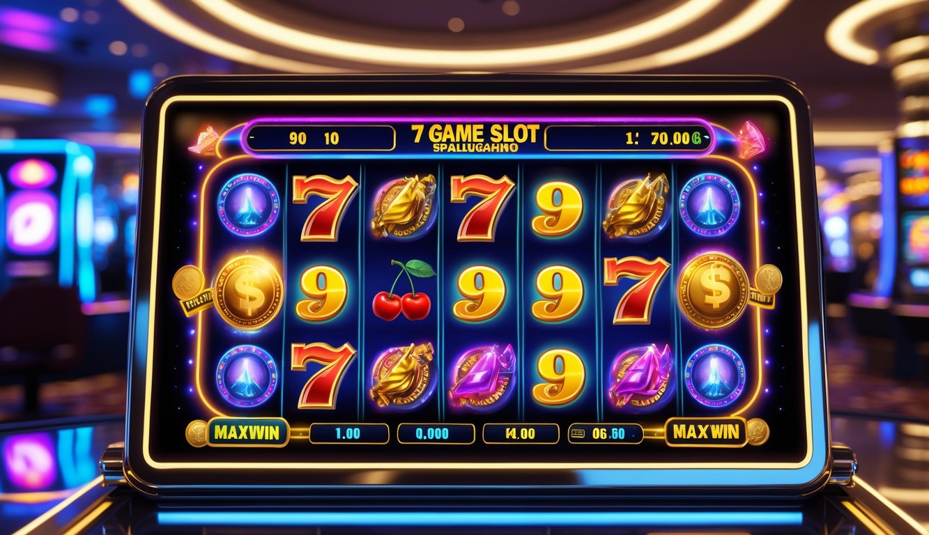 Tampilan layar permainan slot online dengan simbol warna-warni dan lampu neon di latar kasino modern.