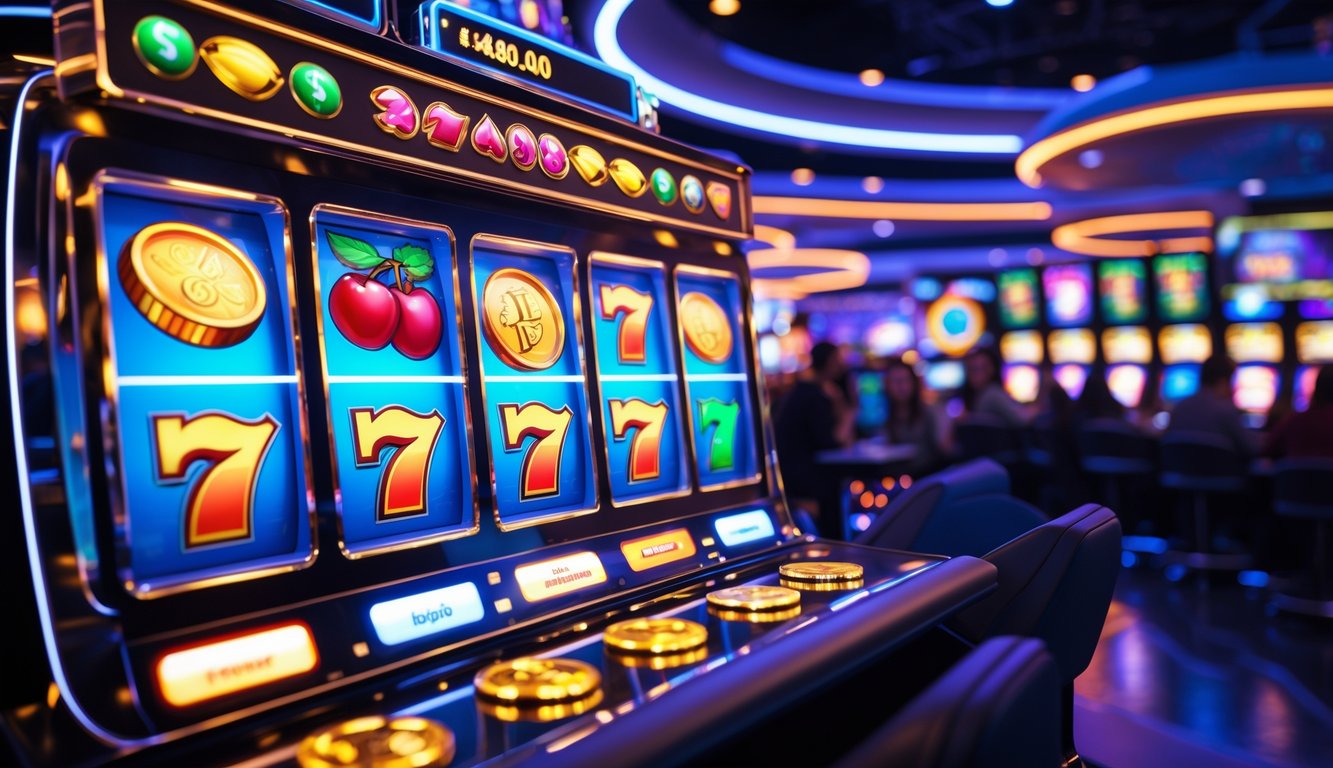 Suasana kasino modern dengan mesin slot digital berwarna-warni yang menampilkan simbol keberuntungan dan koin emas, menggambarkan permainan slot populer dan kemenangan besar.
