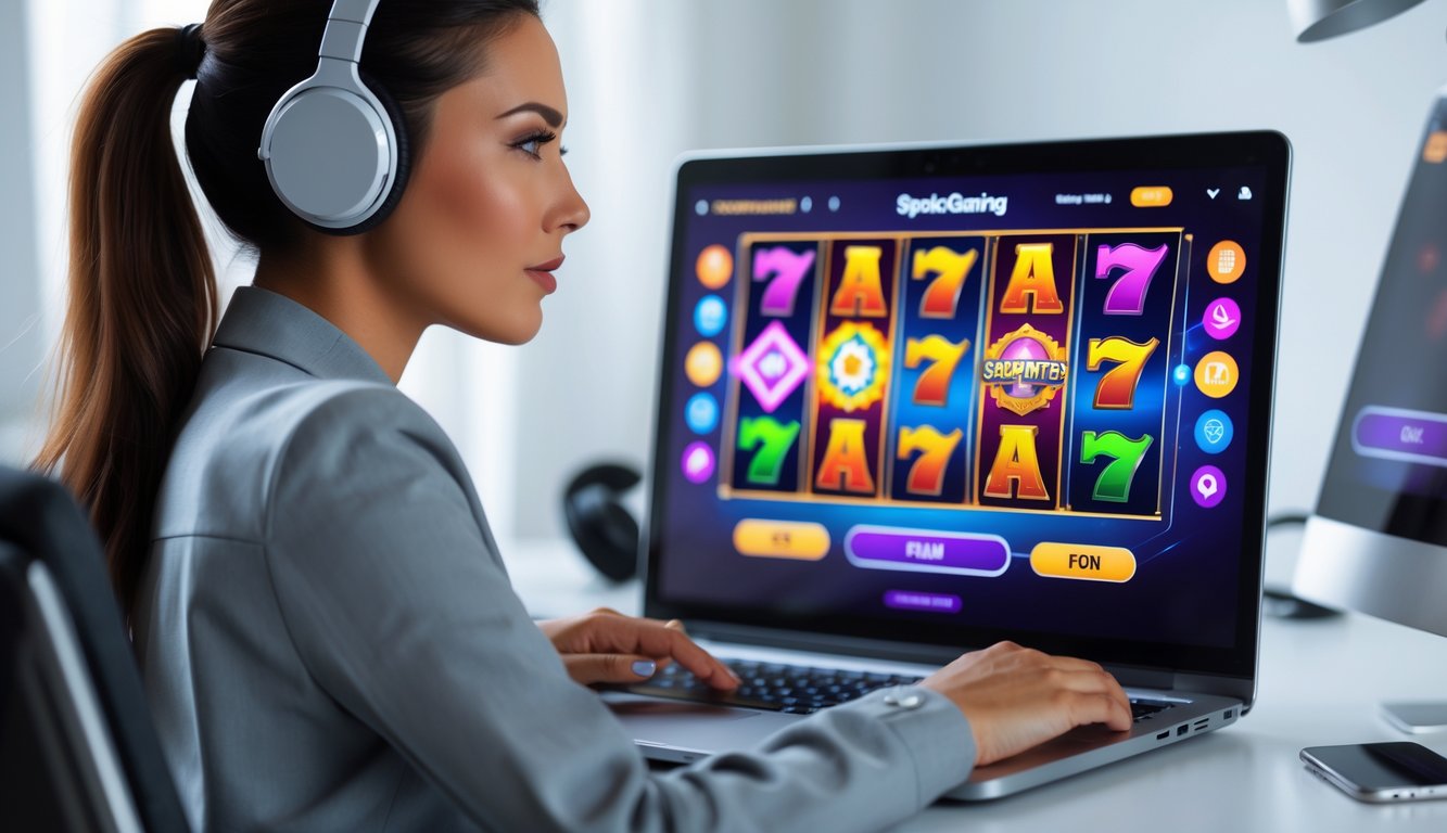 Seorang wanita muda duduk di meja modern sambil bermain permainan slot online di laptop dengan ekspresi fokus.