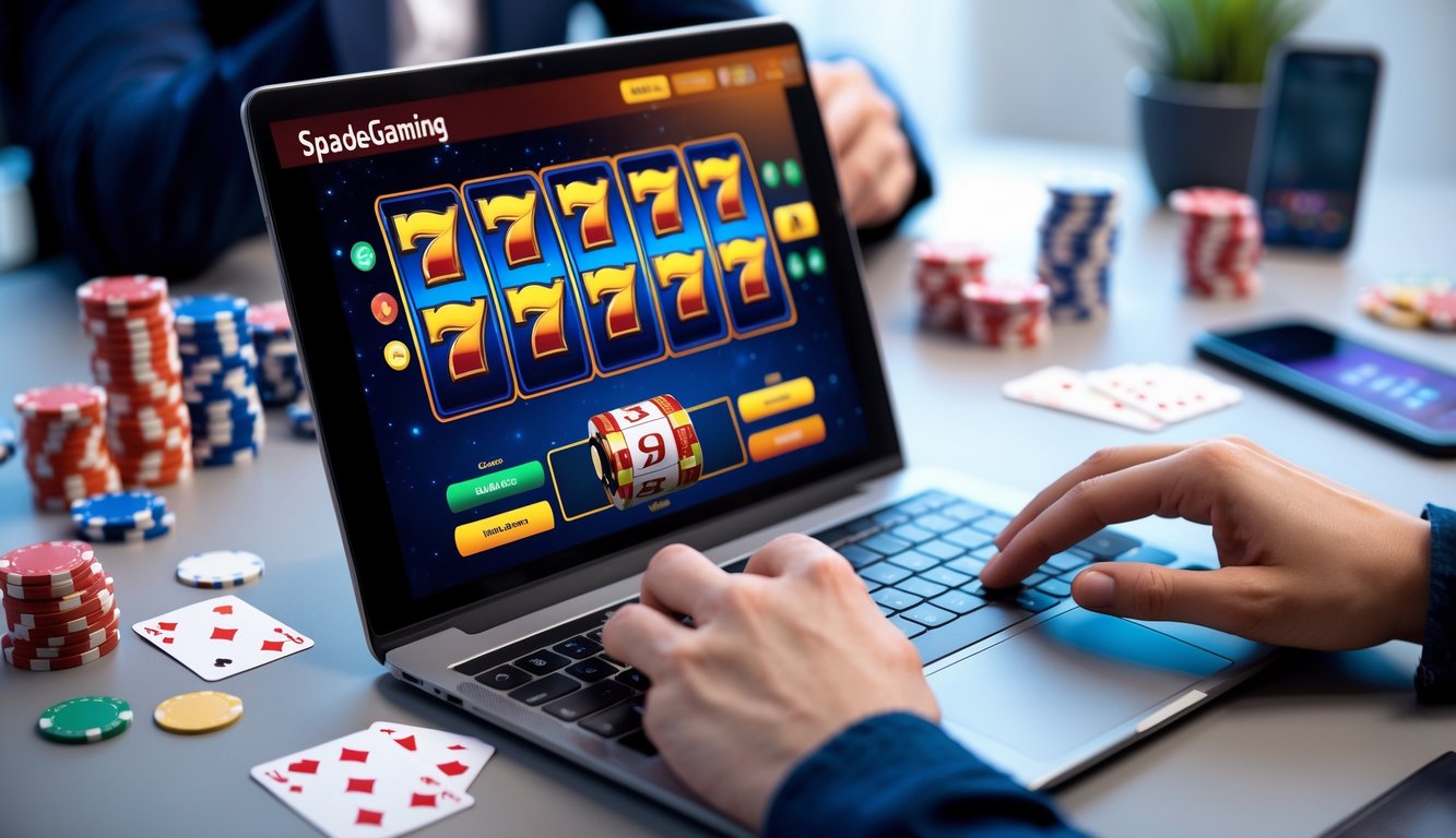 Seorang pemain menggunakan laptop dengan tampilan permainan slot online Spadegaming di meja kerja yang rapi.