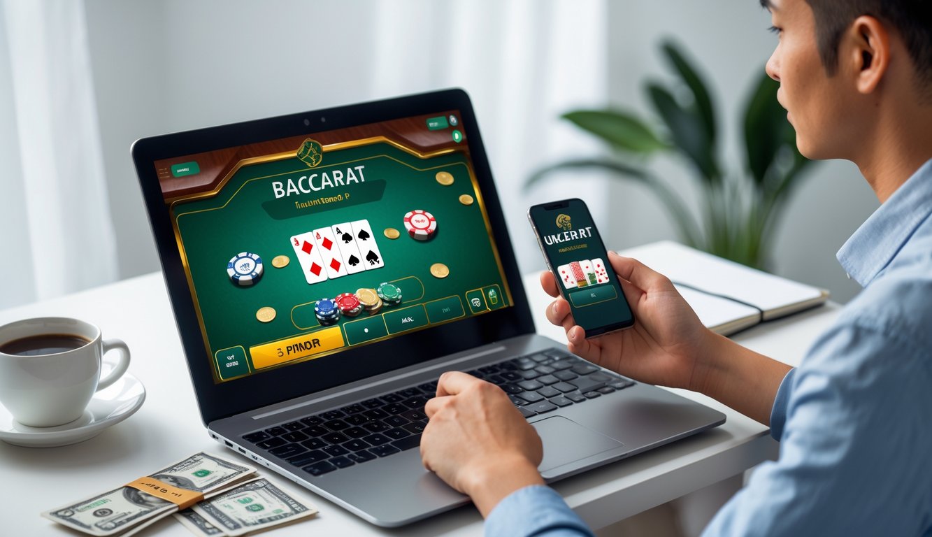 Seorang dewasa muda menggunakan laptop dan ponsel di meja dengan tumpukan uang rupiah di samping, menampilkan permainan baccarat online.