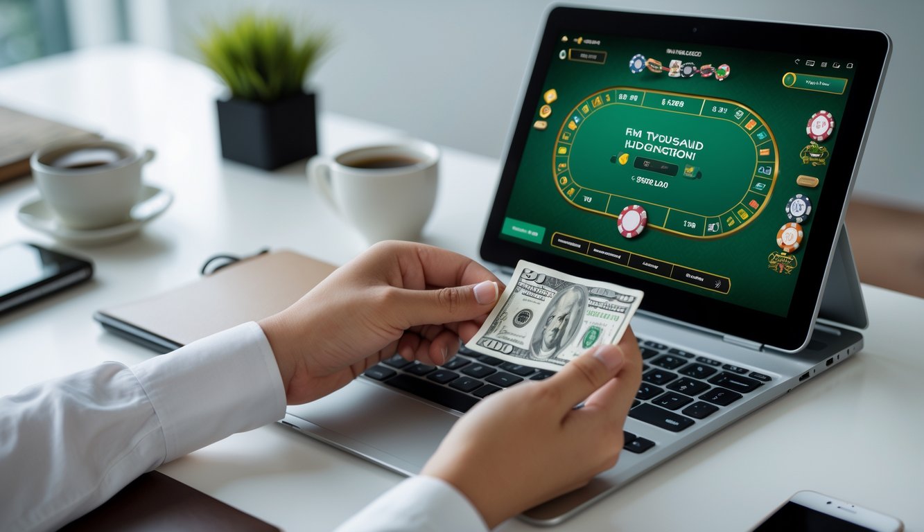 Seseorang memegang uang lima ribu rupiah di dekat laptop yang menampilkan permainan baccarat online.