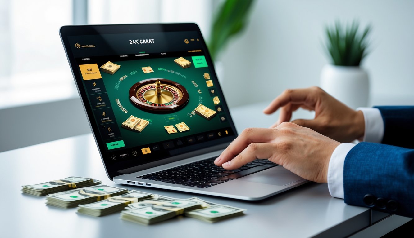 Seorang pengguna sedang bermain baccarat online di laptop dengan uang rupiah pecahan kecil di atas meja.