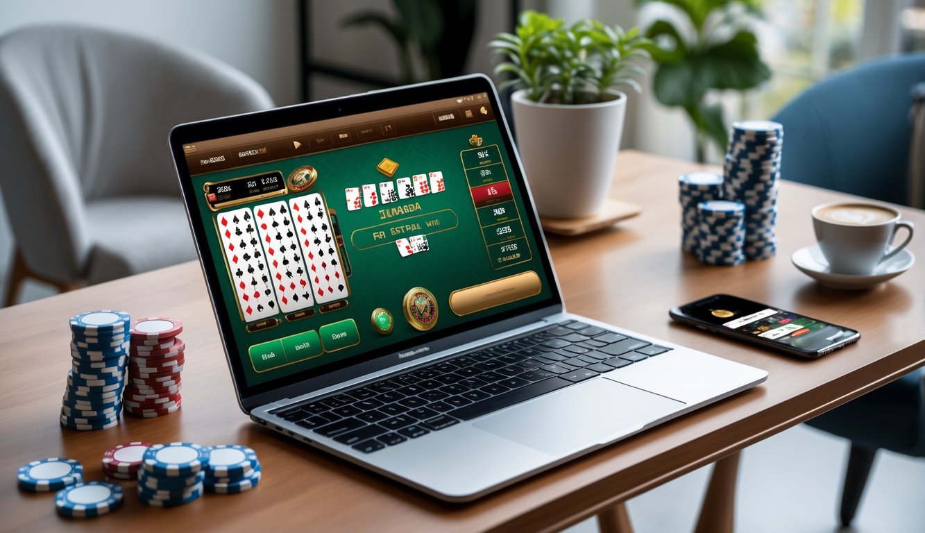 Seorang pria duduk di depan laptop dengan tampilan permainan baccarat online, dikelilingi oleh tumpukan chip poker dan ponsel di meja kayu yang rapi.