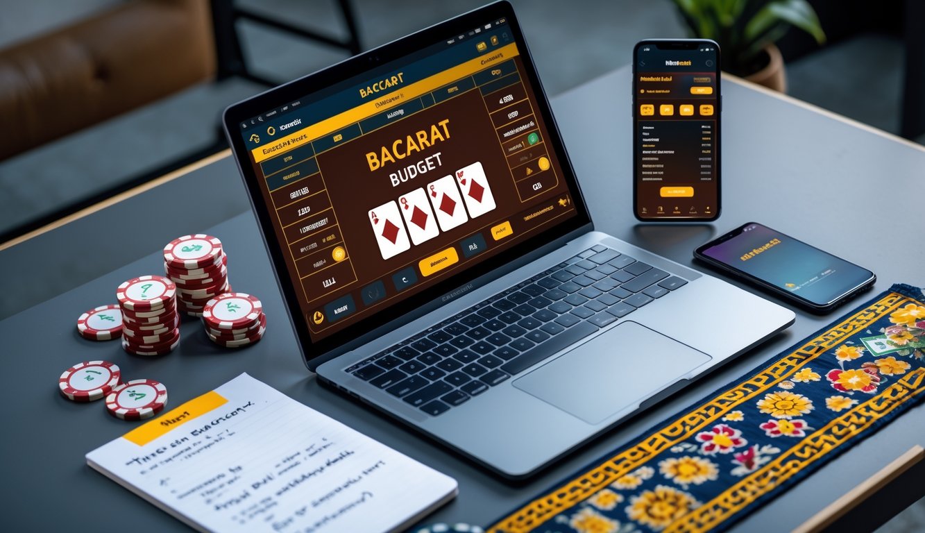 Seorang pemain sedang menggunakan laptop untuk bermain baccarat online dengan chip dan smartphone di meja kerja yang rapi.