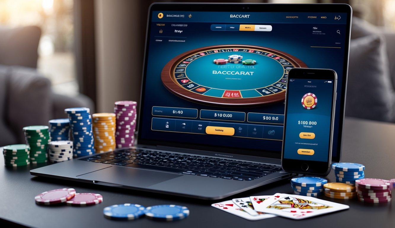 Seorang pemain menggunakan laptop dengan tampilan permainan baccarat online, dikelilingi oleh chip kasino dan kartu remi, serta ponsel yang menunjukkan transaksi aman.