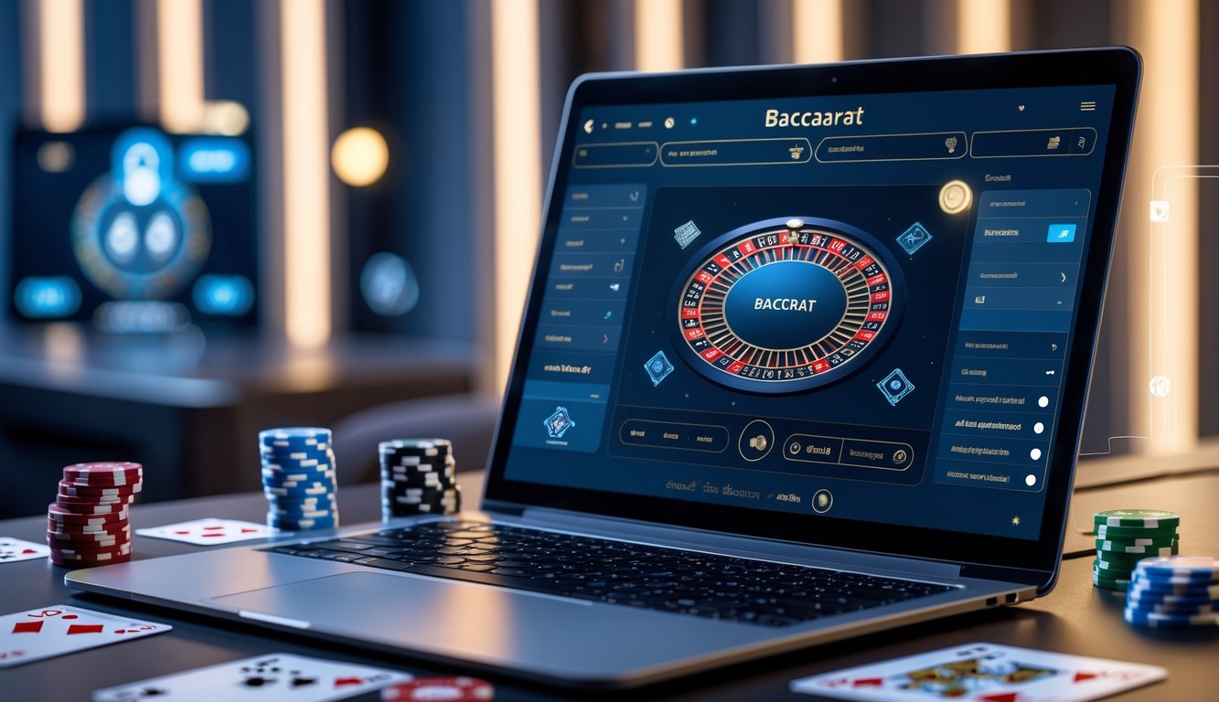 Sebuah meja kerja modern dengan laptop yang menampilkan permainan baccarat online, dikelilingi oleh chip poker dan kartu remi, dengan pencahayaan lembut di latar belakang.