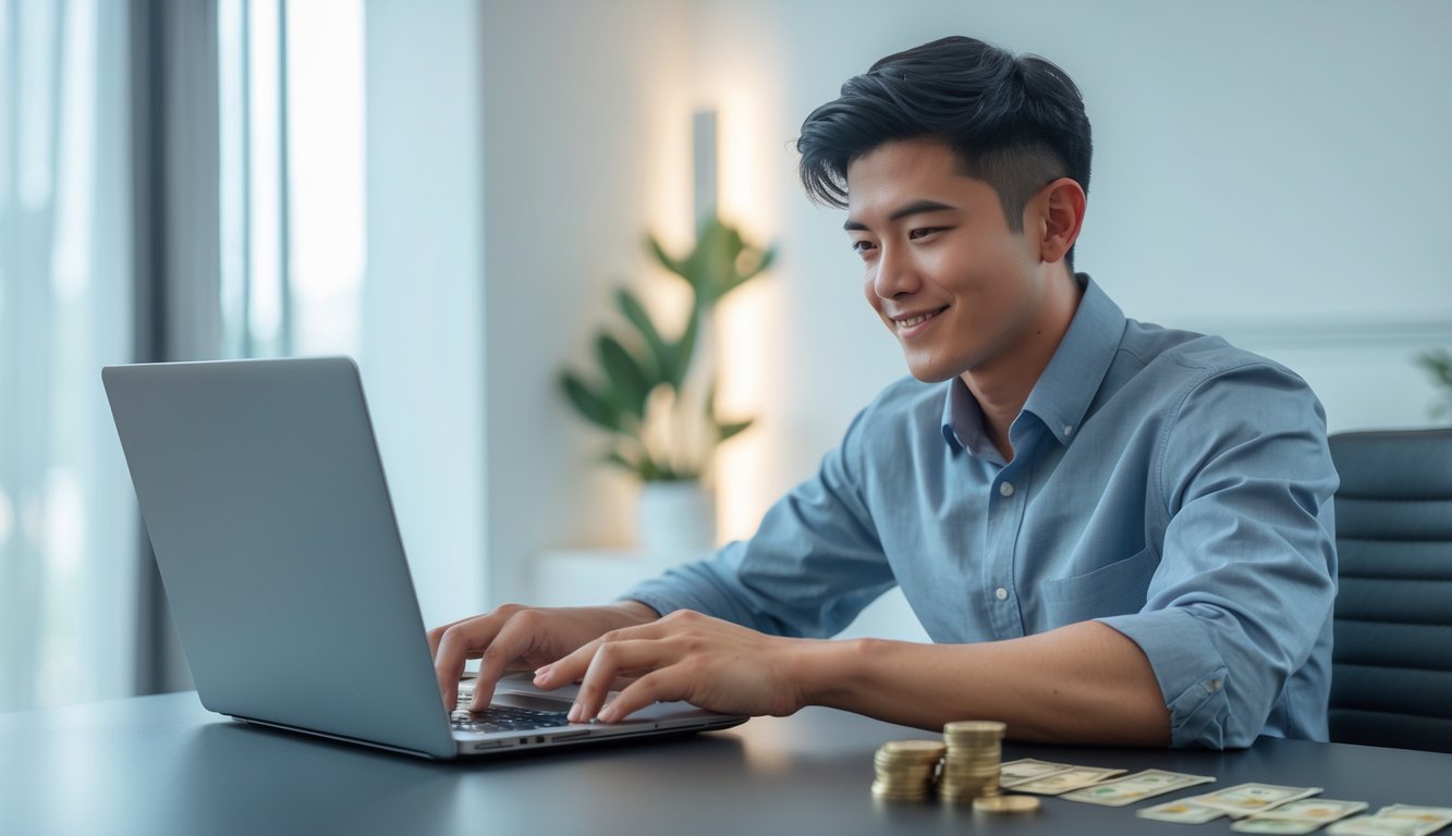 Seorang pria muda duduk di meja dengan laptop, fokus bermain baccarat online dengan tumpukan kecil koin di sampingnya.