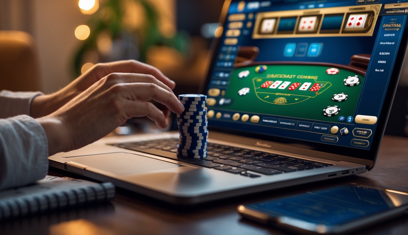 Tangan seseorang sedang meletakkan chip taruhan kecil di meja baccarat digital pada layar laptop di lingkungan rumah yang nyaman.