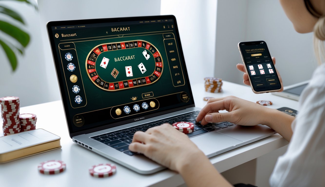 Seseorang menggunakan laptop untuk bermain baccarat online dengan suasana yang rapi dan sederhana.