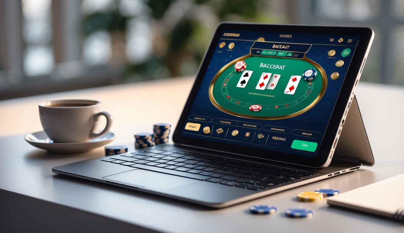 Seseorang menggunakan laptop untuk bermain baccarat online dengan kartu dan chip terlihat di layar, di meja terdapat secangkir kopi dan buku catatan.