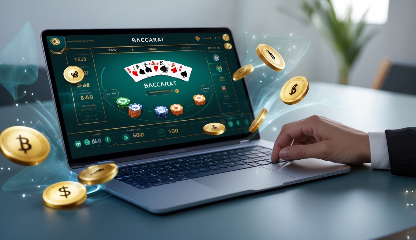 Seseorang bermain permainan baccarat online menggunakan laptop dengan chip dan kartu di layar, dikelilingi simbol transaksi digital.