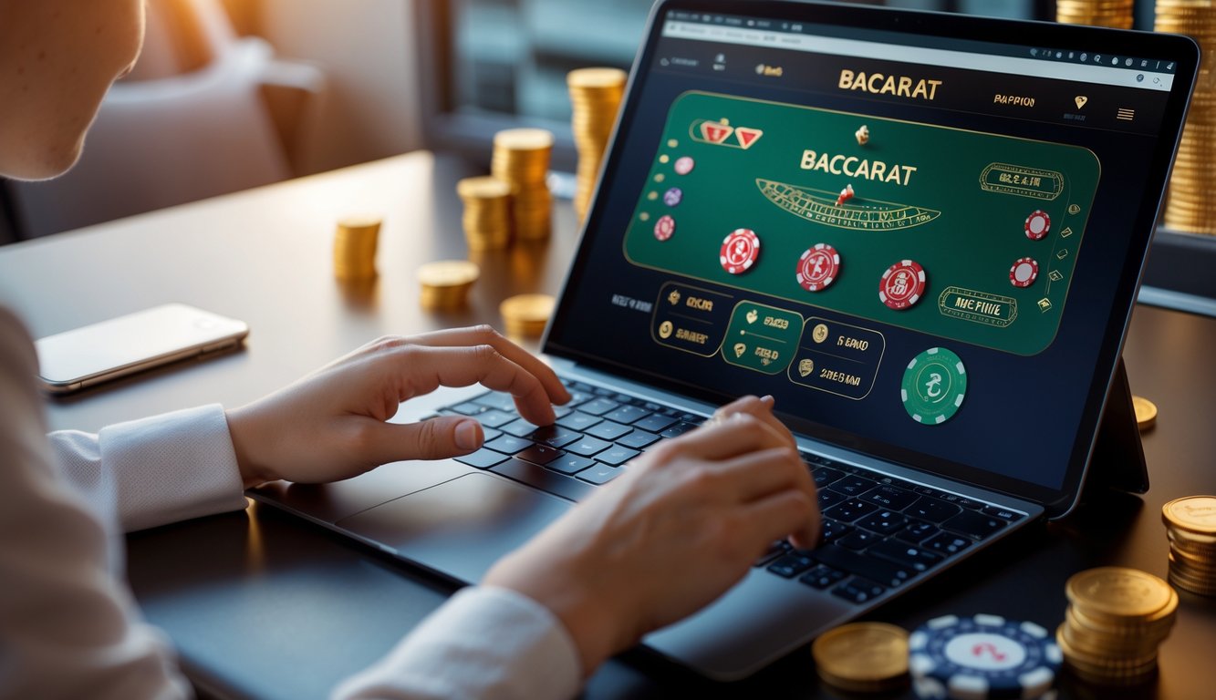 Orang menggunakan perangkat digital untuk bermain baccarat online dengan kartu dan chip di layar.