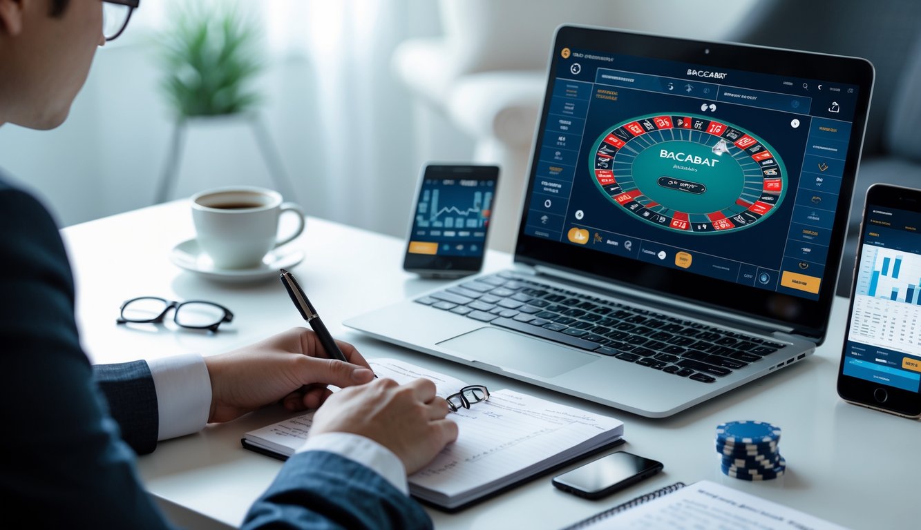 Seseorang sedang merencanakan strategi baccarat online dengan laptop, chip poker kecil, dan catatan di meja kerja.