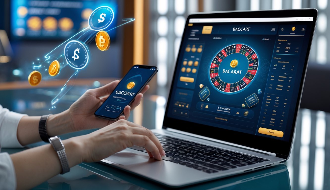Seorang pengguna sedang bermain baccarat online di laptop dan menggunakan ponsel untuk transaksi cepat.