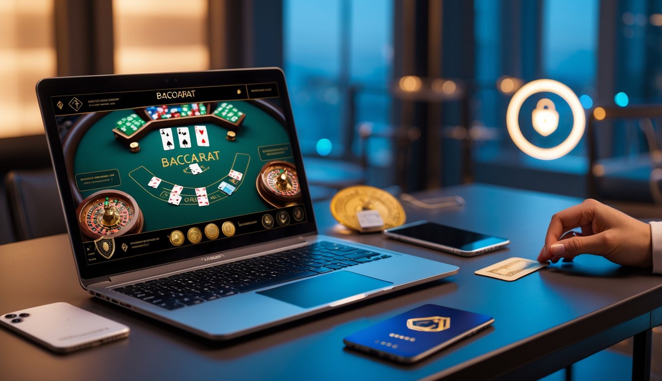 Sebuah ruang kerja modern dengan laptop yang menampilkan permainan baccarat, ponsel, dan kartu kredit di atas meja, menunjukkan proses deposit dan penarikan cepat pada situs baccarat online terpercaya.