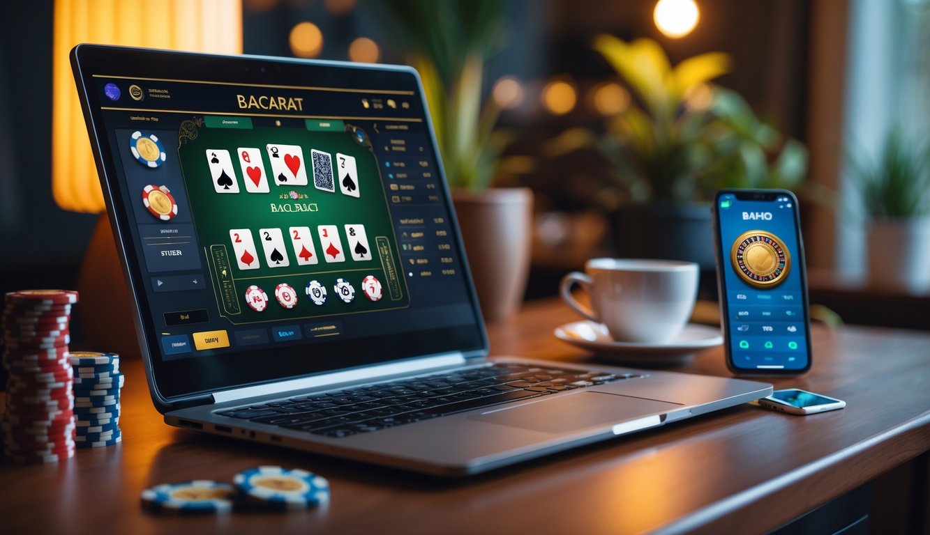 Seorang pemain baru sedang menggunakan laptop untuk bermain baccarat online dengan chip dan ponsel di meja, suasana nyaman dan hangat di dalam ruangan.