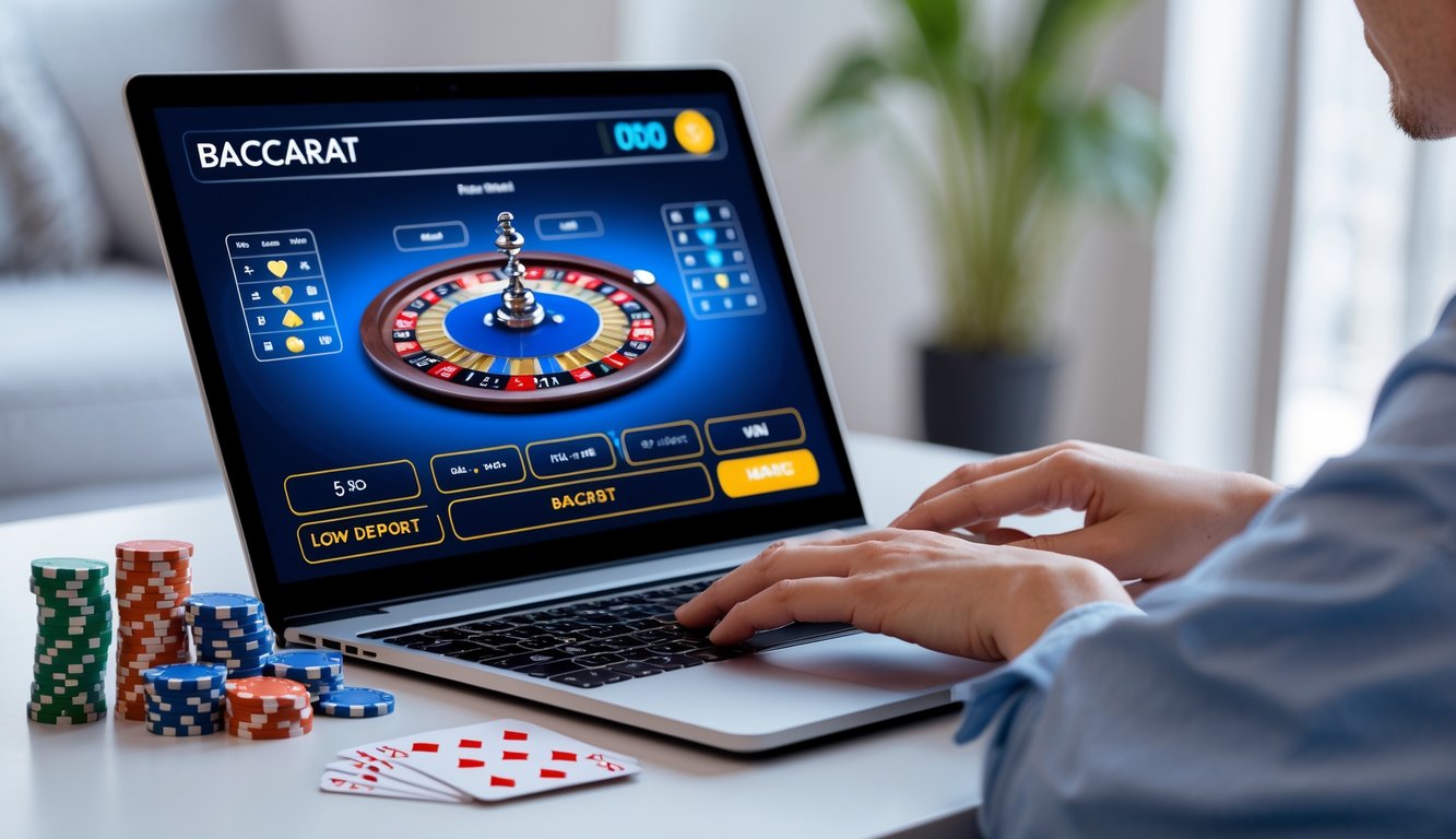 Seorang pemain muda duduk di depan laptop yang menampilkan permainan baccarat online dengan tumpukan chip dan kartu di meja, di lingkungan rumah yang nyaman.