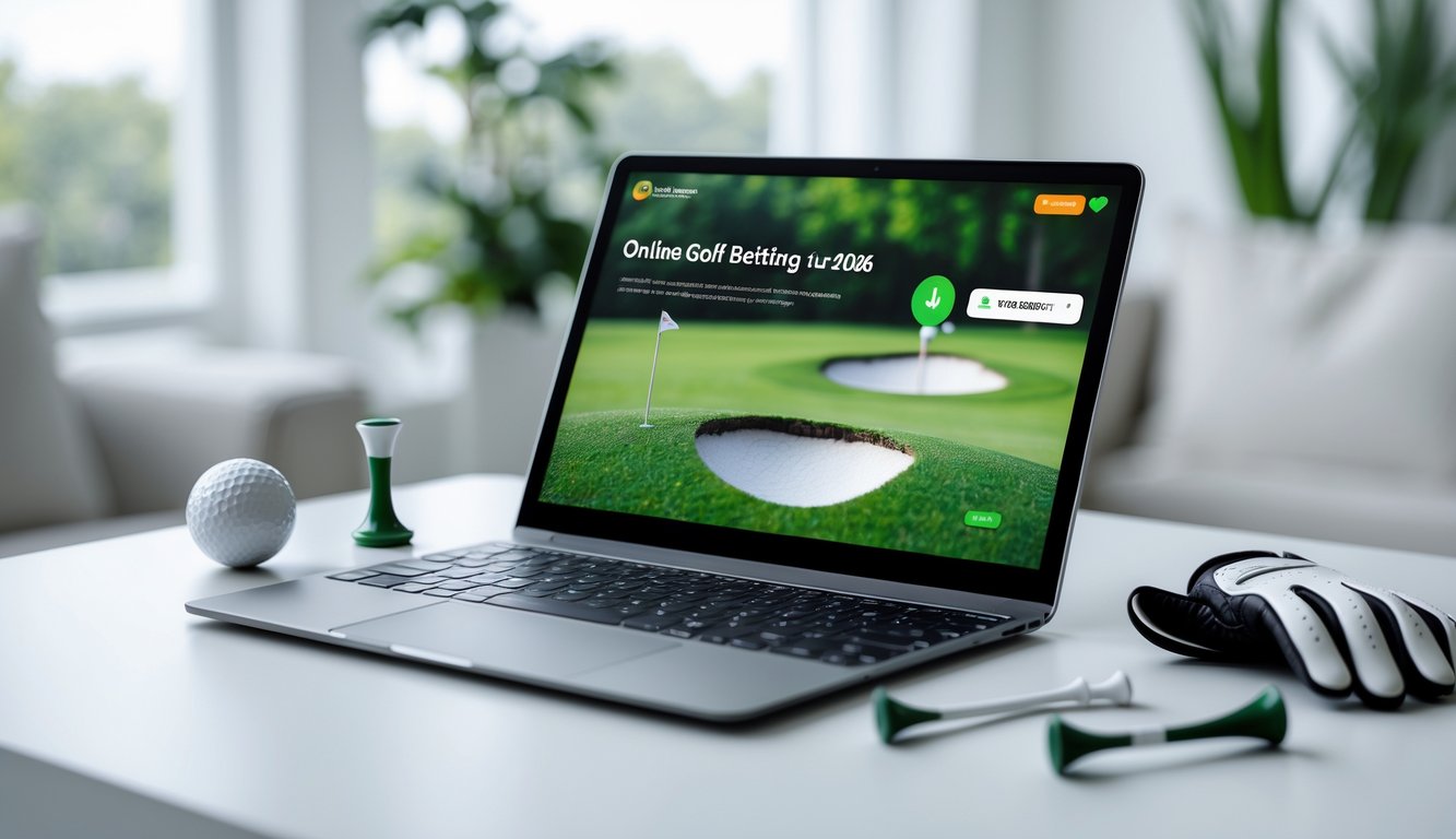 Seorang pengguna sedang melihat layar perangkat dengan gambar lapangan golf dan perlengkapan golf di meja, menunjukkan konsep taruhan golf online yang terpercaya.