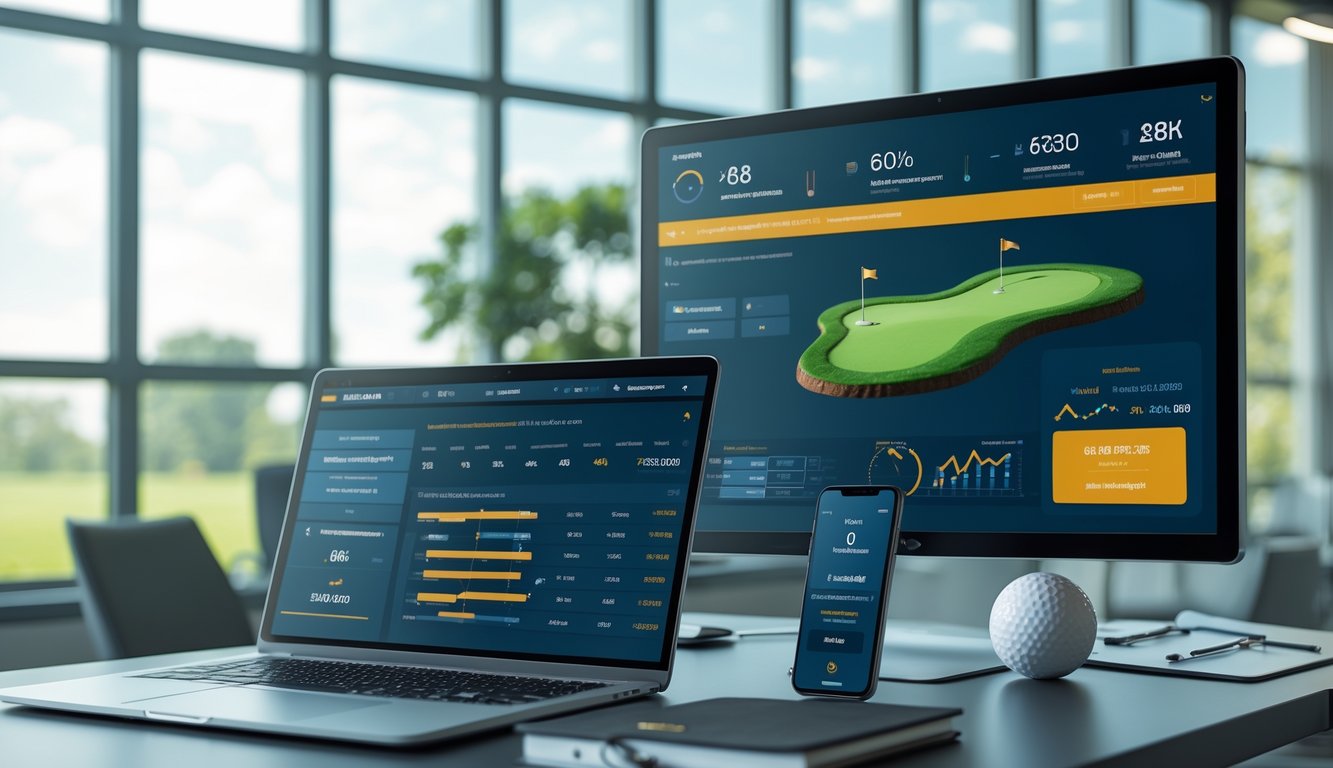 Seorang pria bisnis sedang menganalisis data taruhan golf online di kantor modern dengan layar digital dan perangkat teknologi.