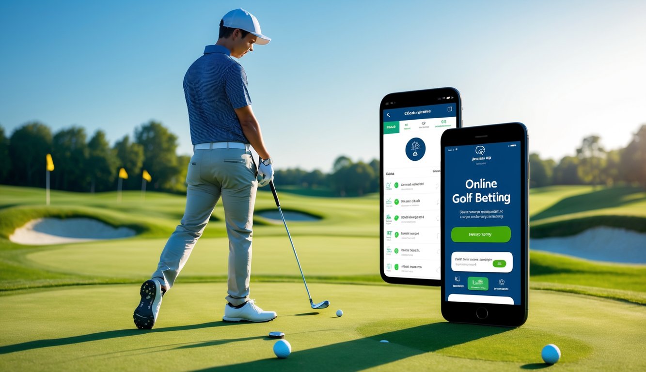 Seorang pemain golf pemula sedang bersiap memukul bola di lapangan golf dengan latar belakang pemandangan lapangan hijau dan langit cerah.