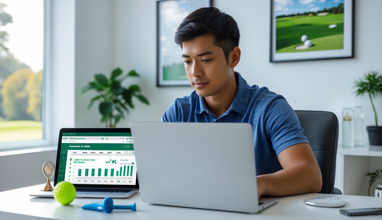 Seorang pria muda duduk di meja dengan laptop, memperhatikan layar yang menampilkan situs taruhan golf online, dengan bola golf dan trofi kecil di meja.