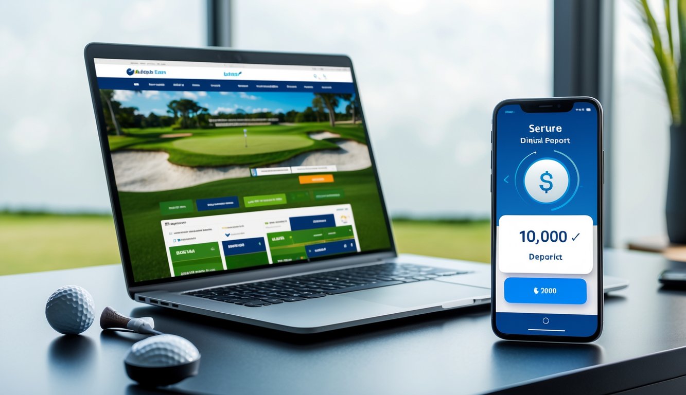 Sebuah meja kerja modern dengan laptop dan ponsel yang menampilkan aktivitas taruhan golf online dan setoran uang kecil, dengan bola golf dan stik golf di atas meja.