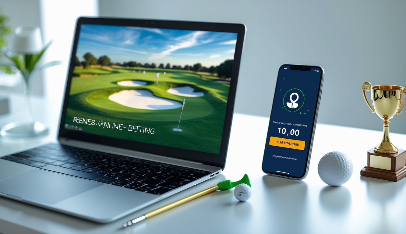 Seorang pria menggunakan laptop di meja dengan layar menampilkan lapangan golf, di sampingnya ponsel menunjukkan konfirmasi pembayaran, serta bola golf dan trofi kecil di meja.