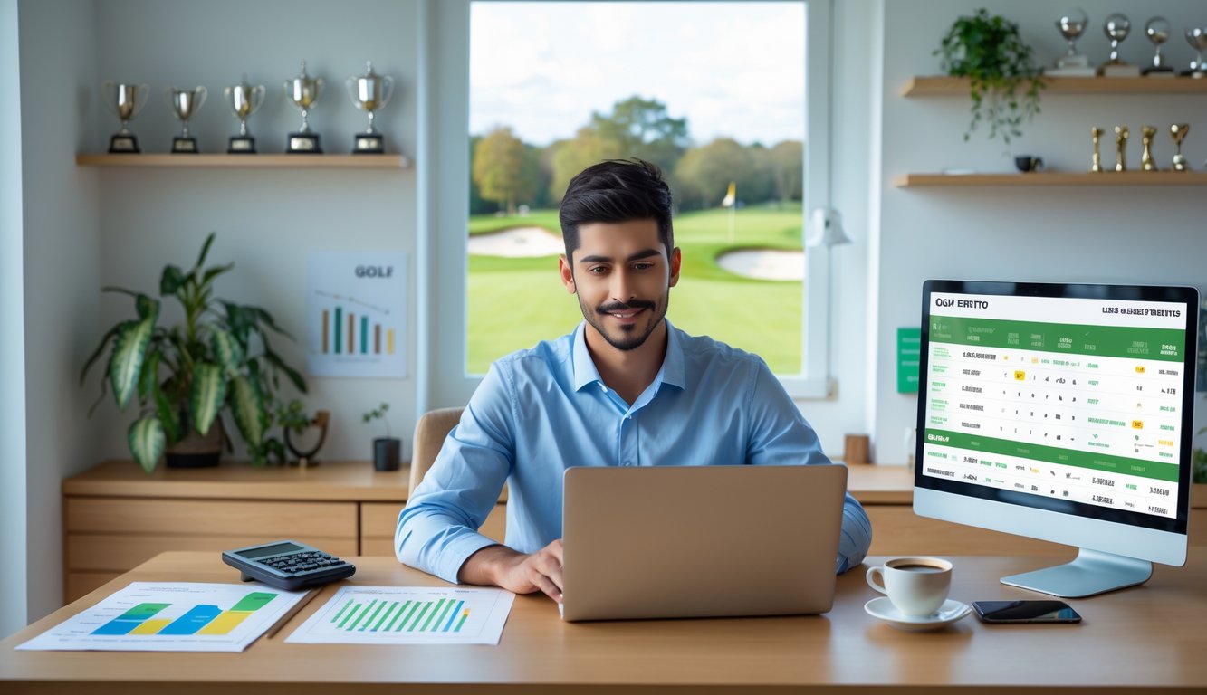Seorang pria muda duduk di meja dengan laptop dan layar kedua menampilkan lapangan golf, dikelilingi oleh grafik keuangan dan cangkir kopi.
