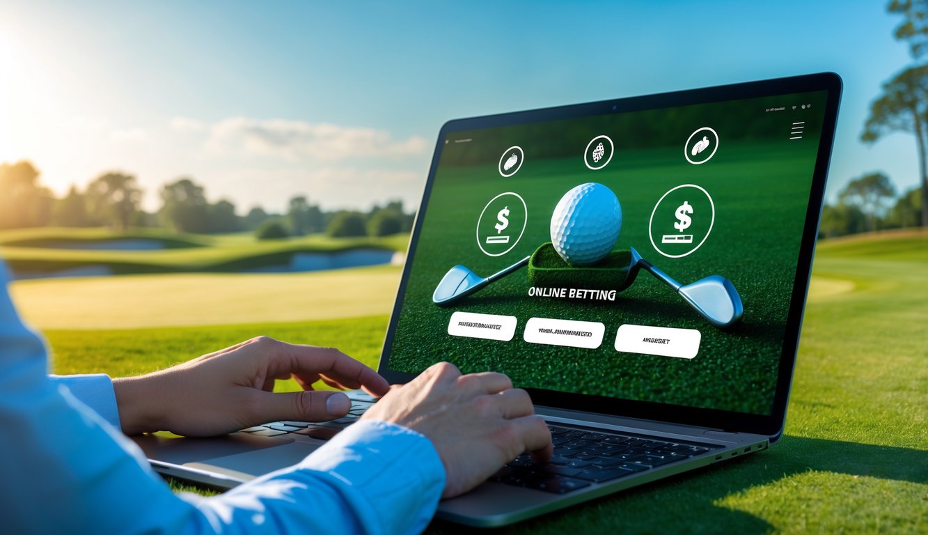 Seseorang menggunakan perangkat digital dengan latar belakang lapangan golf hijau yang terawat dan langit biru cerah.