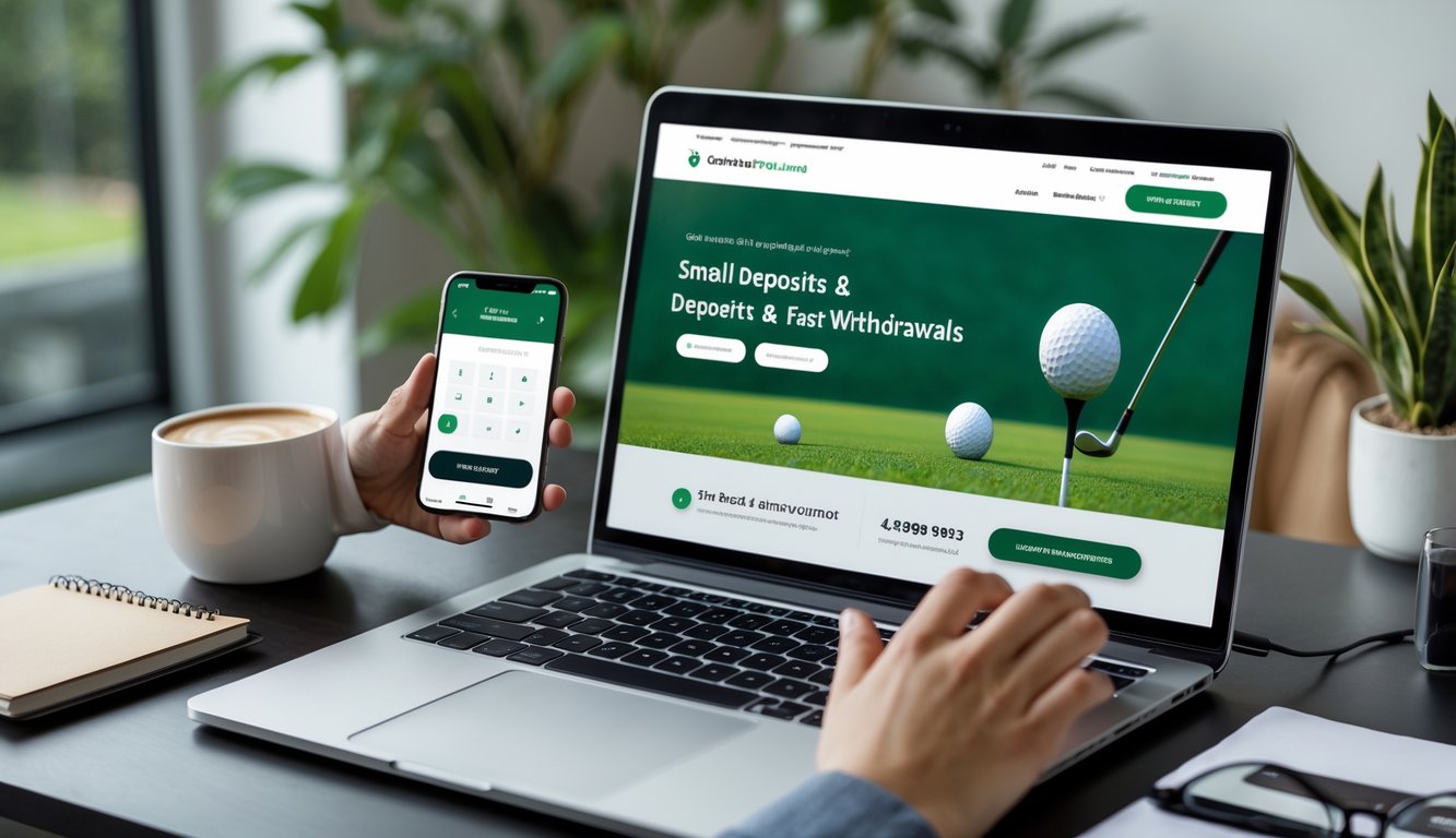 Seorang pengguna sedang mengoperasikan laptop dan ponsel di meja kerja yang menampilkan platform judi golf online dengan suasana yang nyaman dan profesional.