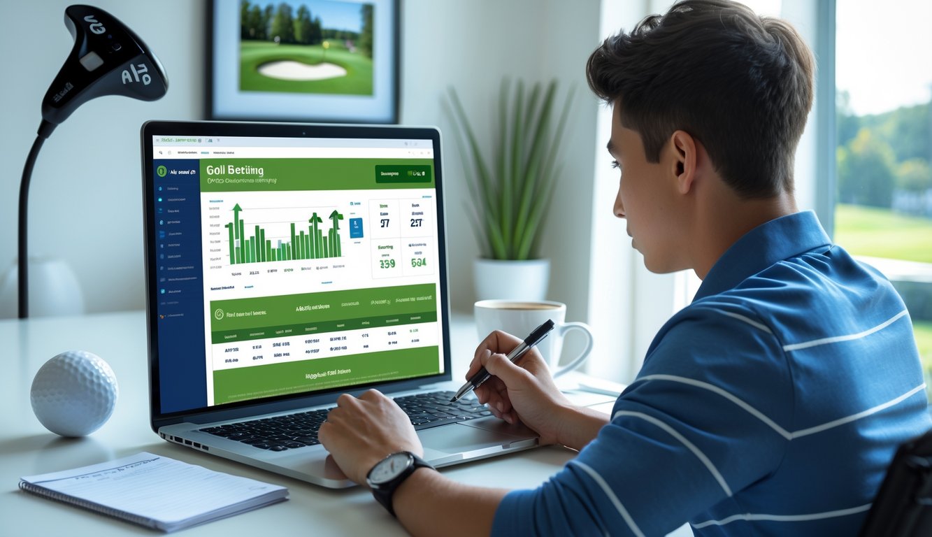 Seorang dewasa muda duduk di meja dengan laptop terbuka menampilkan situs taruhan golf, sambil mencatat dan menganalisis layar dalam ruangan kantor rumah yang terang dan rapi dengan perlengkapan golf di sekitar.