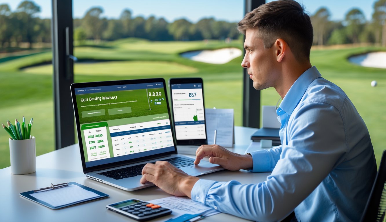 Seorang pria muda duduk di meja dengan laptop dan perangkat digital, mempelajari strategi taruhan golf online dengan latar belakang lapangan golf terlihat melalui jendela.