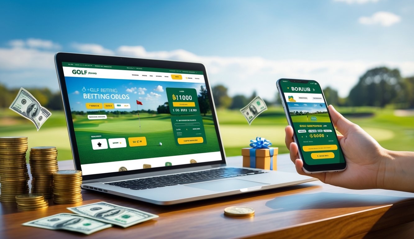 Seseorang menggunakan laptop dan ponsel untuk memasang taruhan golf online dengan latar belakang lapangan golf hijau.