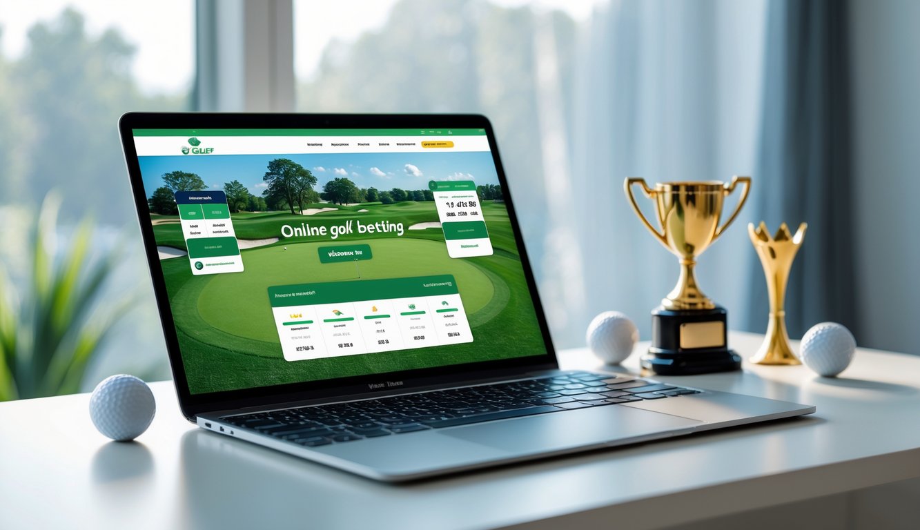 Sebuah laptop di atas meja dengan tampilan situs taruhan golf online, dikelilingi bola golf dan trofi kecil di ruangan yang terang.