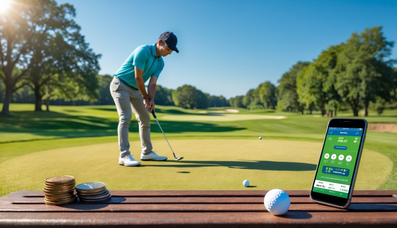 Seorang pemula bermain golf di lapangan hijau dengan ponsel dan tumpukan koin di bangku dekatnya.