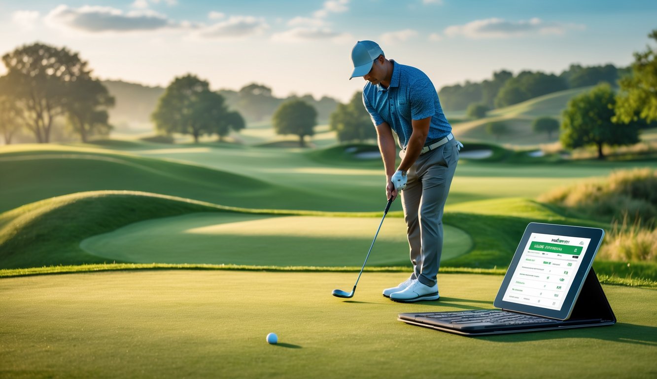 Seorang pria muda di lapangan golf yang hijau sedang bersiap memukul bola golf dengan latar belakang pemandangan lapangan golf yang luas dan langit cerah.