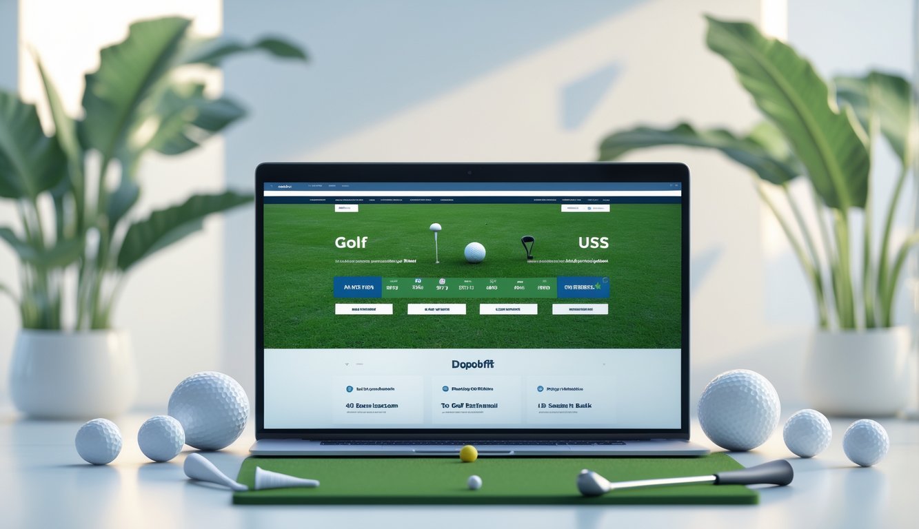 Seorang pria menggunakan laptop di meja dengan perlengkapan golf di sekitarnya, menampilkan suasana taruhan golf online.