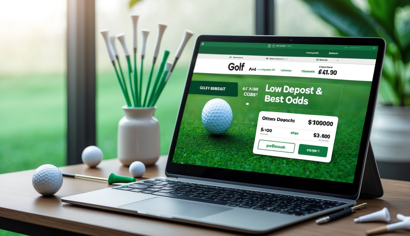 Seorang pengguna melihat layar perangkat dengan tampilan situs taruhan golf online, dikelilingi bola golf dan stik golf di atas meja kayu.
