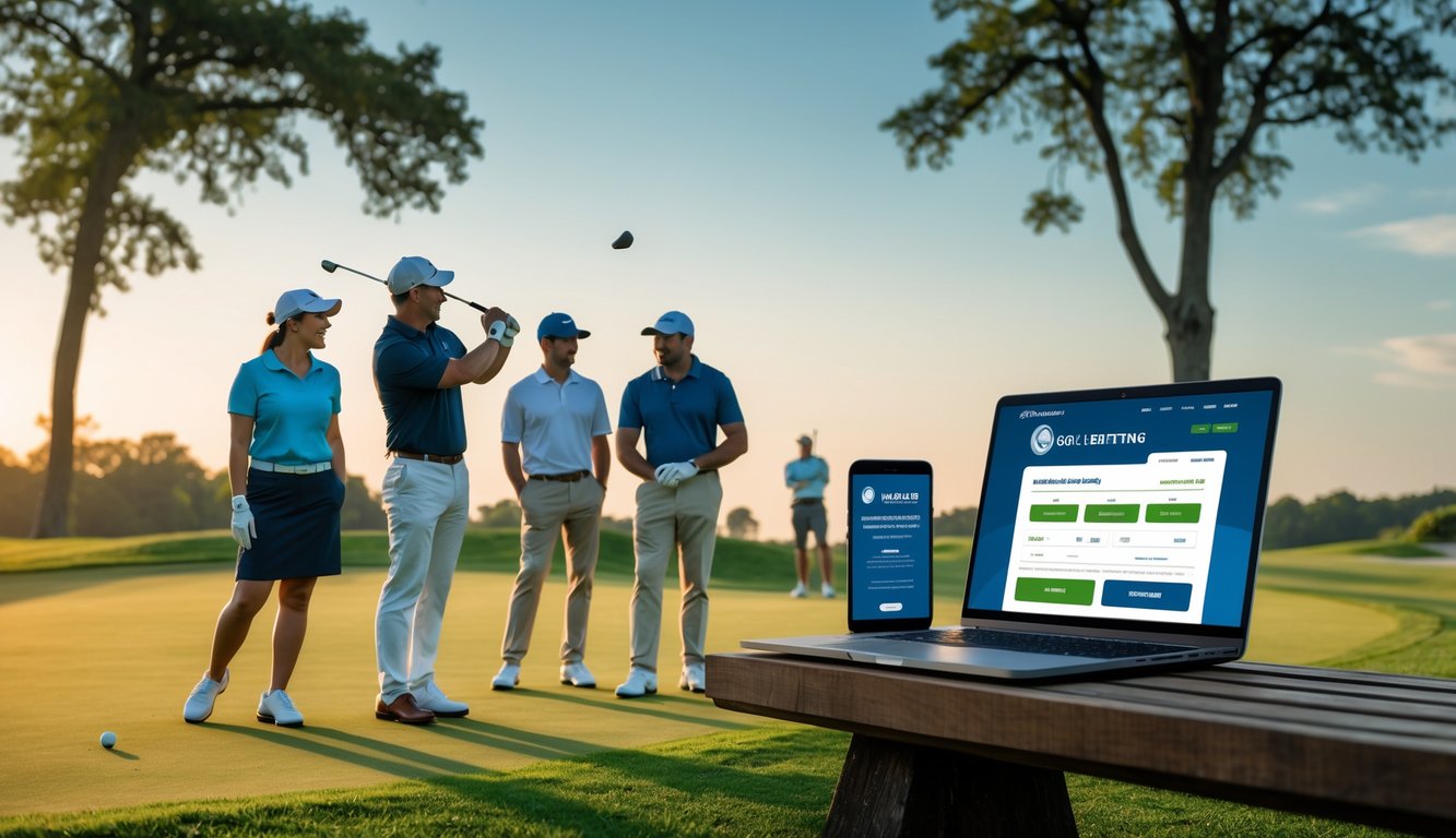 Sekelompok orang bermain golf di lapangan hijau dengan laptop dan ponsel yang menunjukkan situs taruhan golf online yang aman.