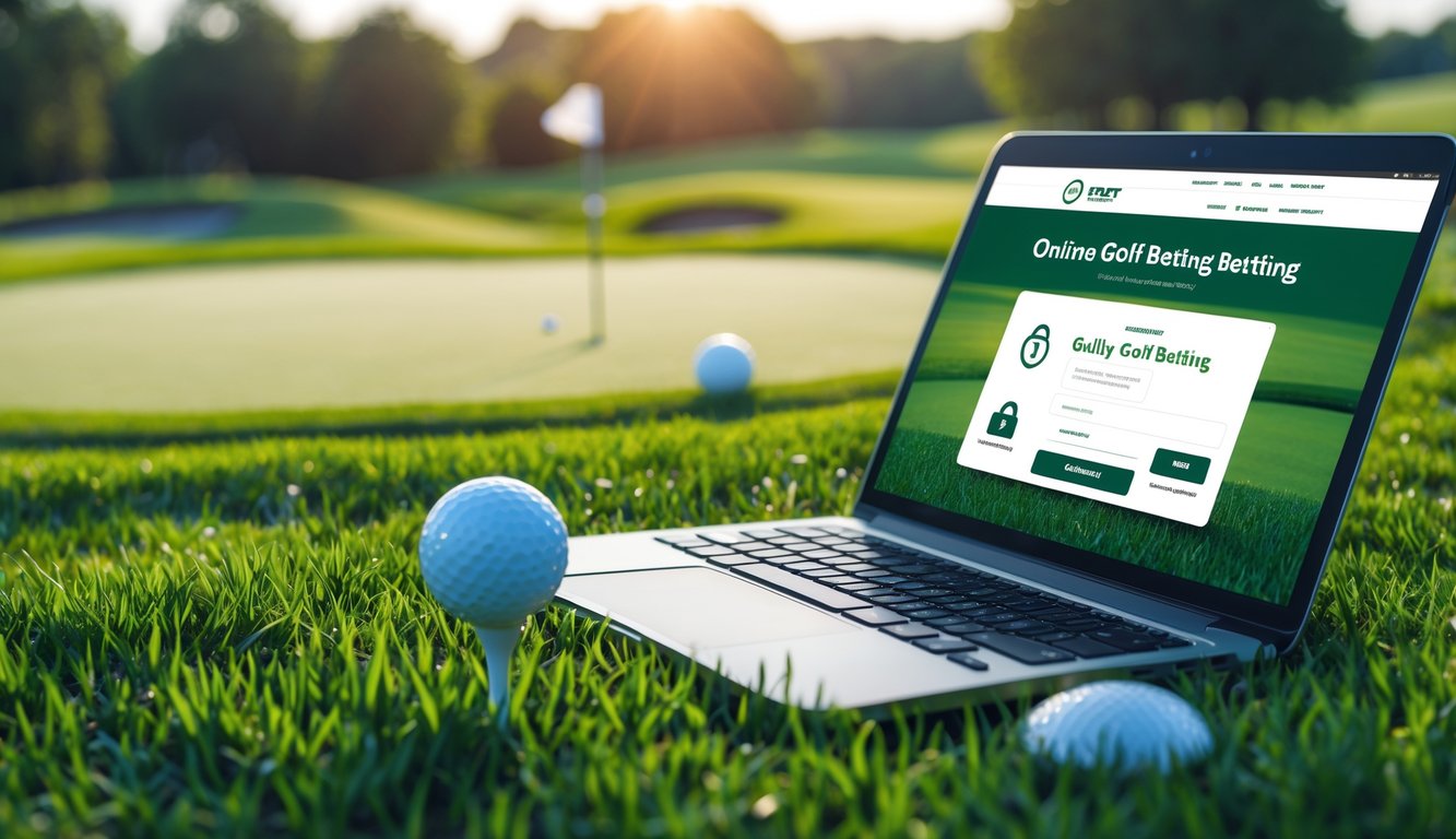 Seseorang menggunakan perangkat digital dengan latar belakang lapangan golf hijau yang cerah.