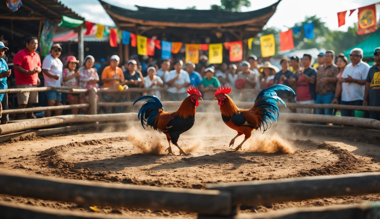 Suasana pertandingan sabung ayam tradisional Filipina dengan dua ayam jago bertarung di arena dan penonton yang antusias mengelilingi ring.