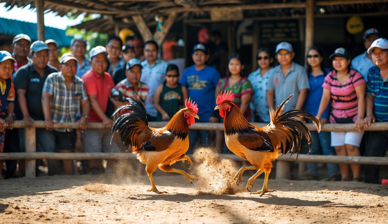 Kerumunan orang menonton pertarungan ayam jago tradisional di luar ruangan di Filipina.