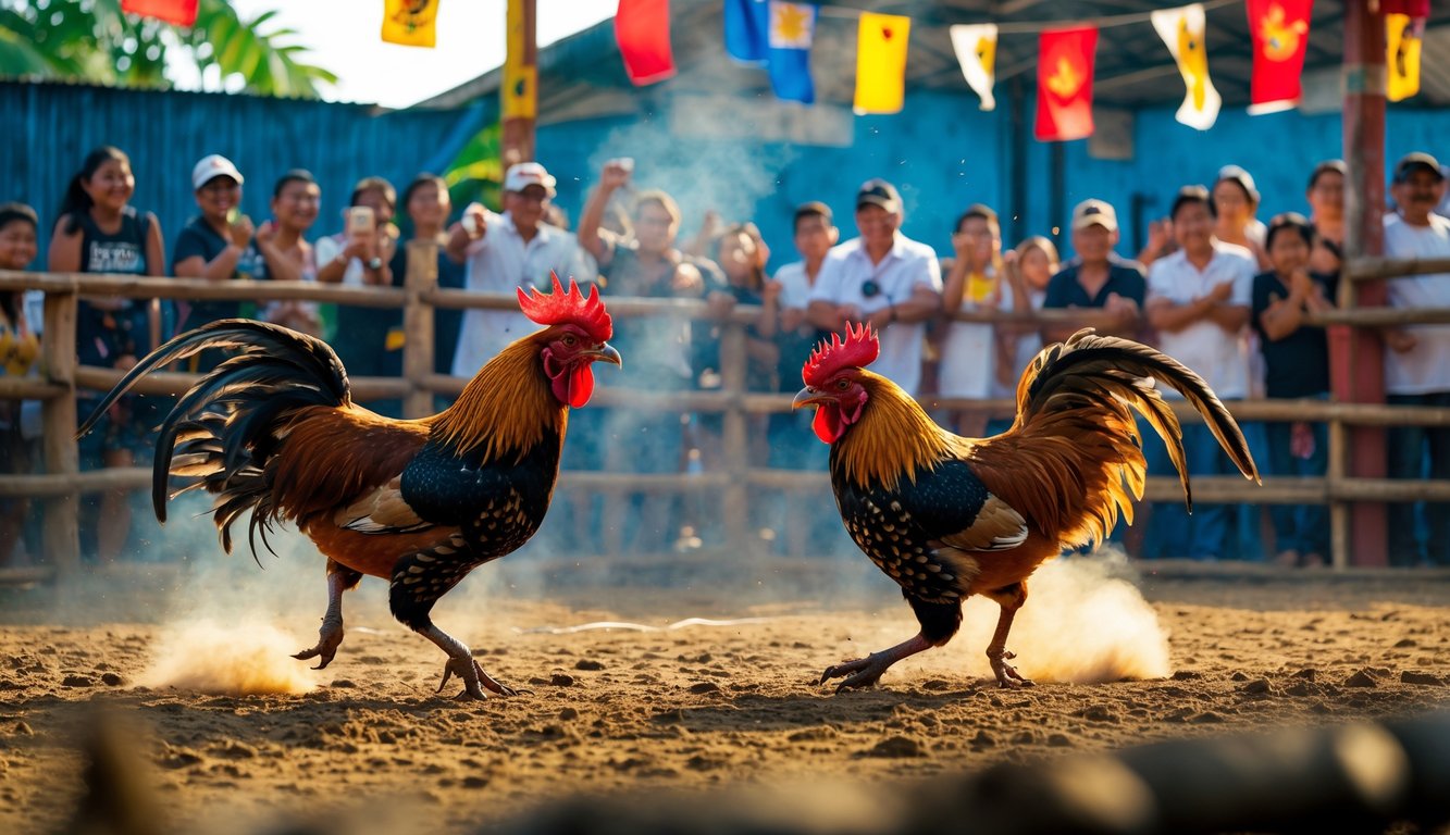 Dua ayam jantan bertarung di arena terbuka dengan penonton ramai yang menyaksikan di latar belakang.