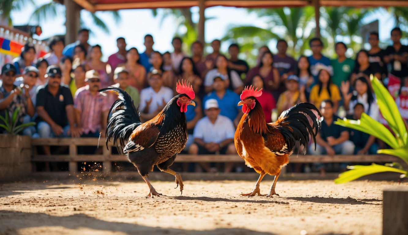 Suasana pertandingan sabung ayam di Filipina dengan dua ayam jantan bertarung dan penonton yang antusias menyaksikan.
