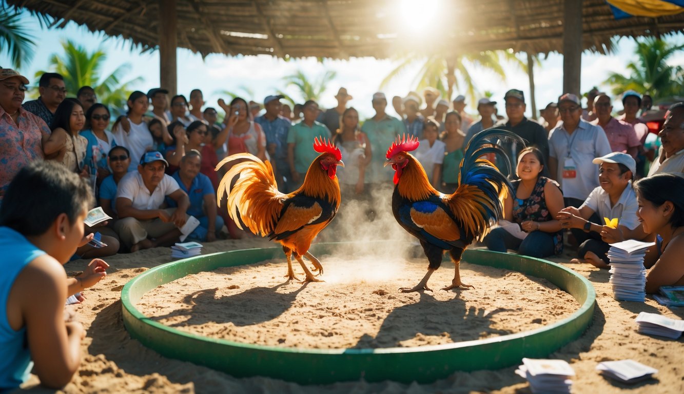 Suasana pertandingan sabung ayam tradisional Filipina dengan dua ayam jago bertarung di arena dan penonton yang antusias mengamati.